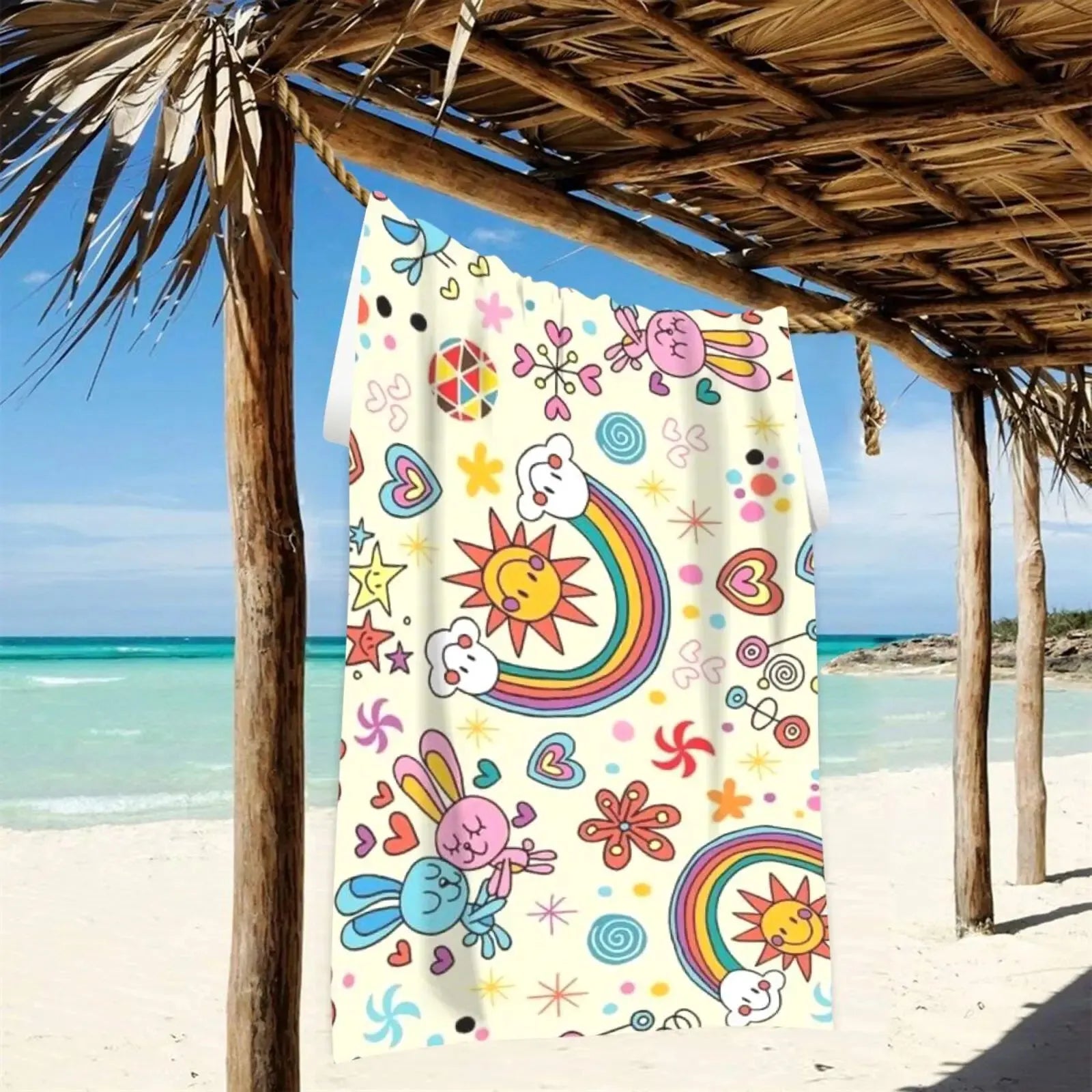 Rainbow bunny Pattern Beach Towel,  Beach Towe Quick Drying, Perfect For Travel beach towell AbsorbentQuick dry  breathable