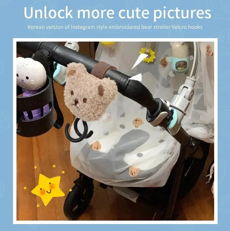 1 PCS Baby Stroller Hook Embroidery Bear Head Stroller Stroller Electric Car Hook Walking Baby Magic Cart Velcro Universal Model