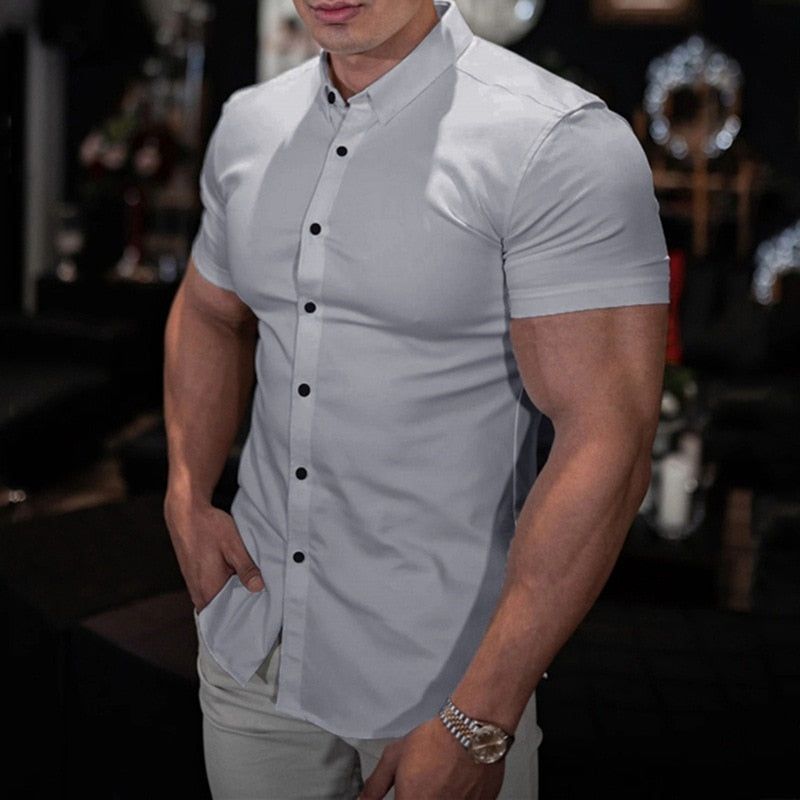 Summer Men Pure Color Comfortable Blouses Men Black Short-Sleeved Shirts Casual Sport Single Breasted Man Slim Fit Shirt top - Jointcorp