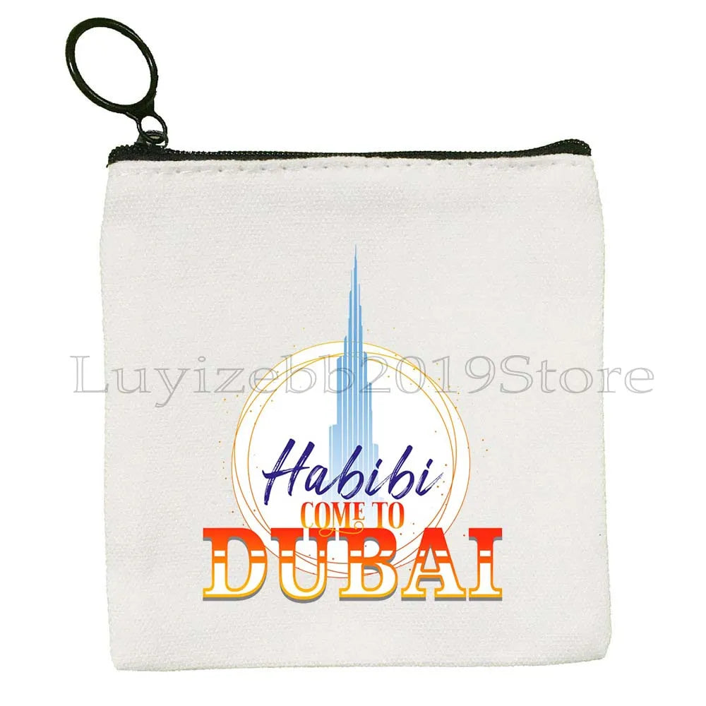 Dubai United Arab Emirates UAE Map Flag Asia Skyline Skyscraper Burj Khalifa Canvas Coin Purse Key Case Bag Wallet Zipper Pouch