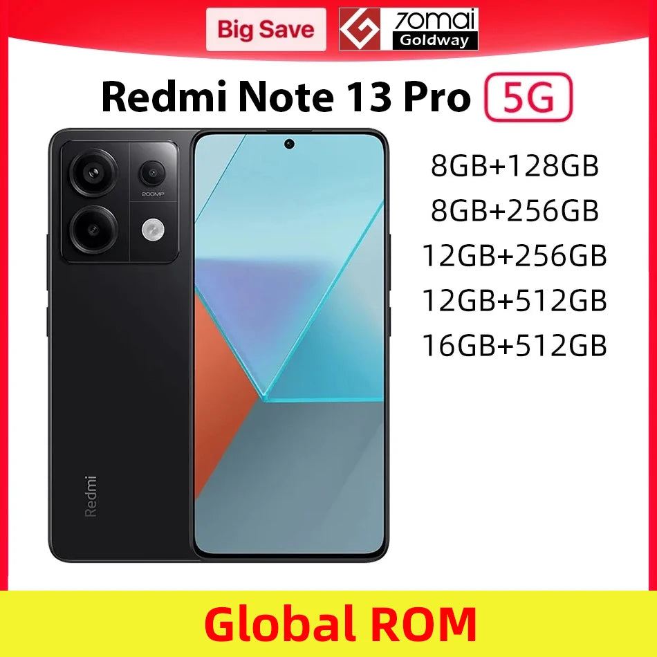 Global ROM Xiaomi Redmi Note 13 Pro 5G Mobile Phone 128GB 256GB 512GB Snapdragon 7s Gen 2 120Hz Screen 5100mAh 67W Fast Charging