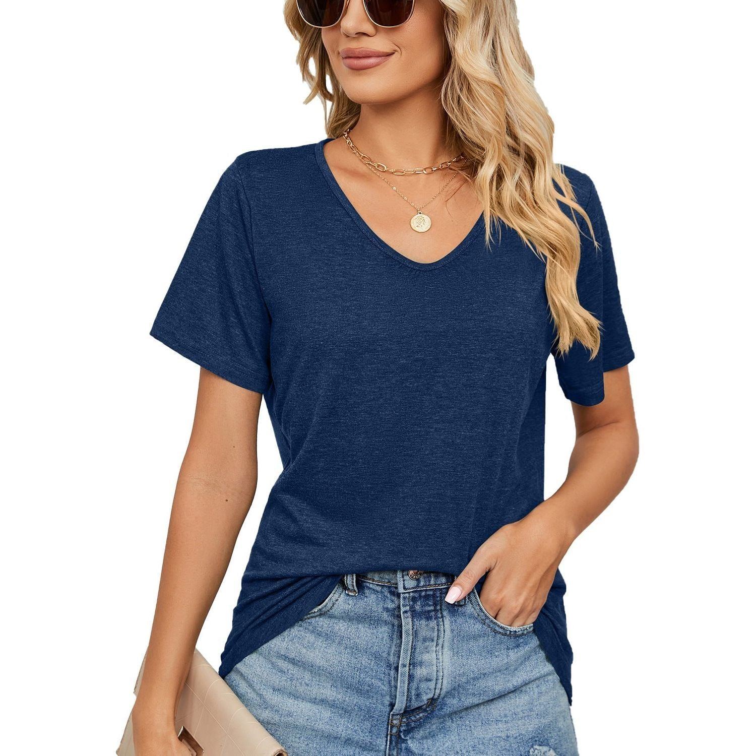 Spring Summer New Short Sleeves V-neck Pleated Solid Color Loose-fitting T-shirt Top Women