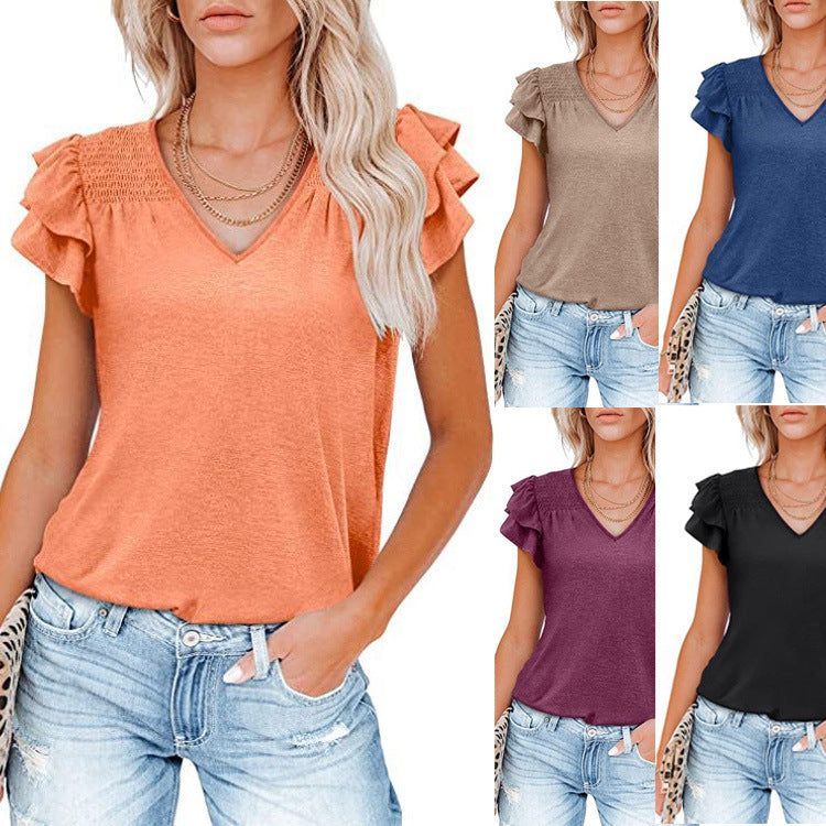 Women's Solid Color And V-neck Pleated Short Sleeves Loose Top