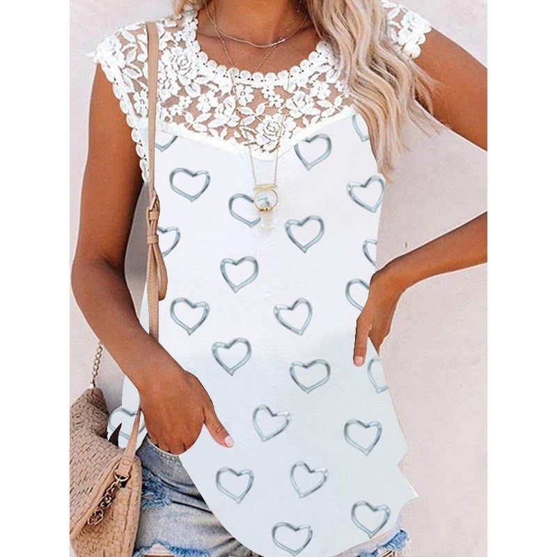 Summer Print Crew Neck Lace Trim Casual Loose Women's Tank Top