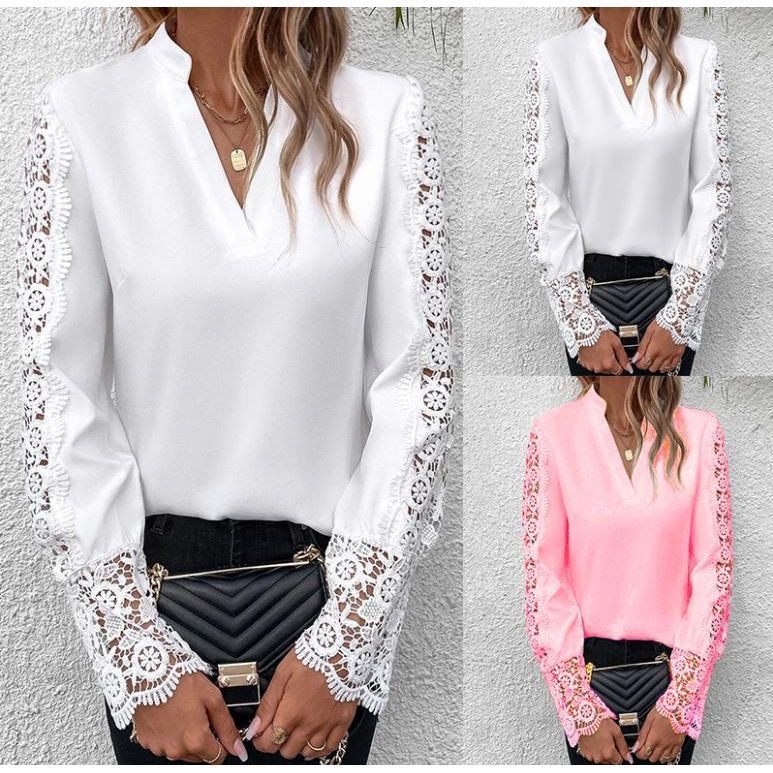 Solid Color Lace V-neck Cardigan Women's Clothes Shirt