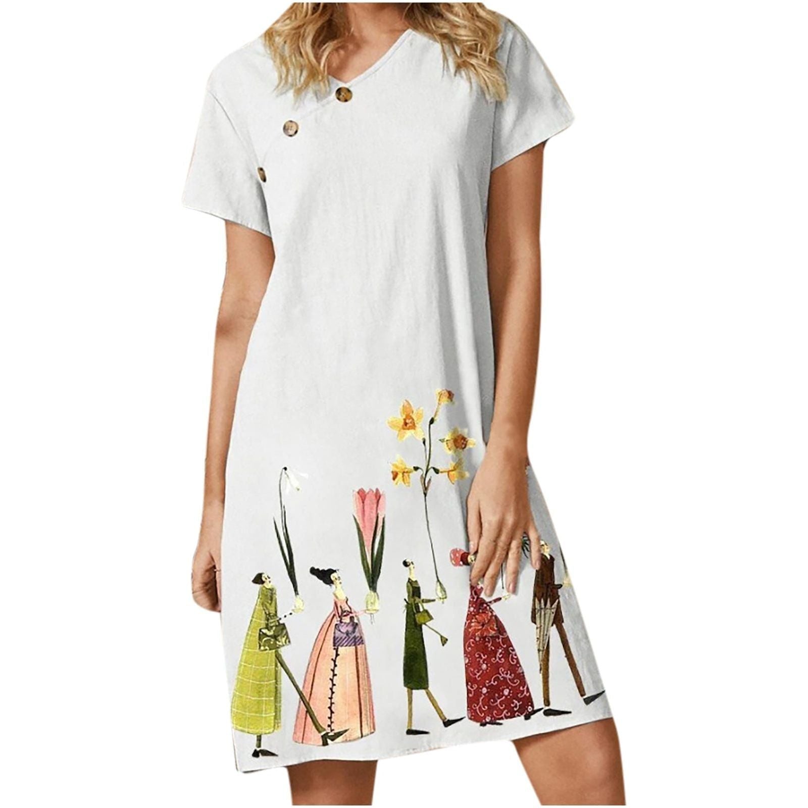 Digital Flower Print Button V-Neck Short Sleeve Dress - Jointcorp