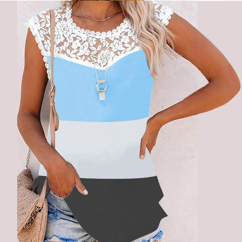 Summer Print Crew Neck Lace Trim Casual Loose Women's Tank Top