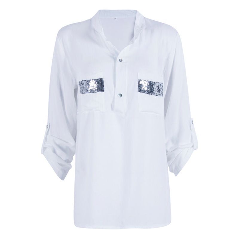 Solid Color And V-neck Sequined Pocket Shirt Loose Long Sleeve Shirt