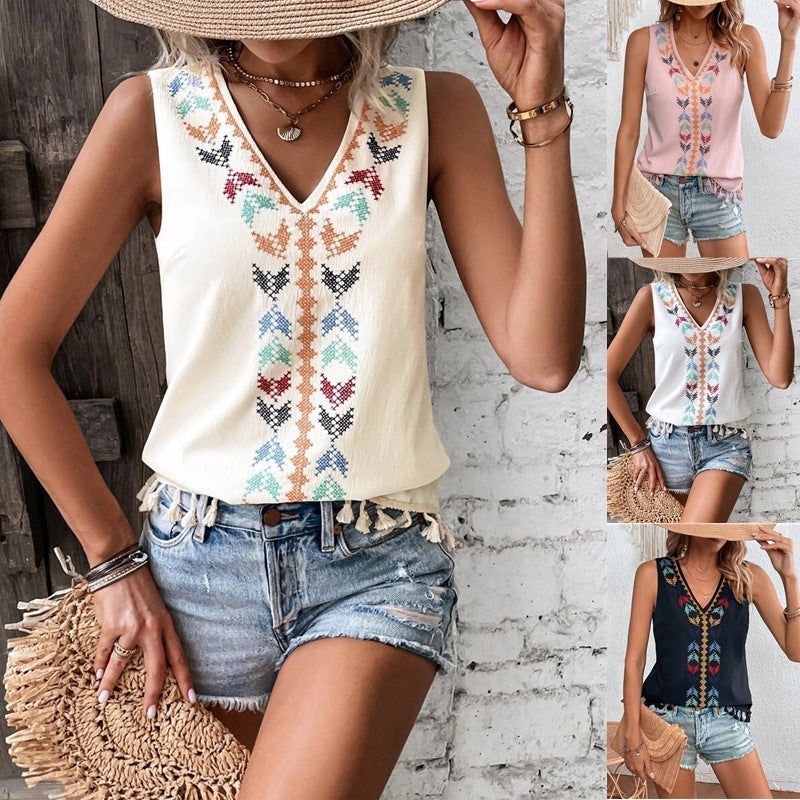 Women's Summer Ethnic Style V-neck Embroidery Vest Top - Jointcorp