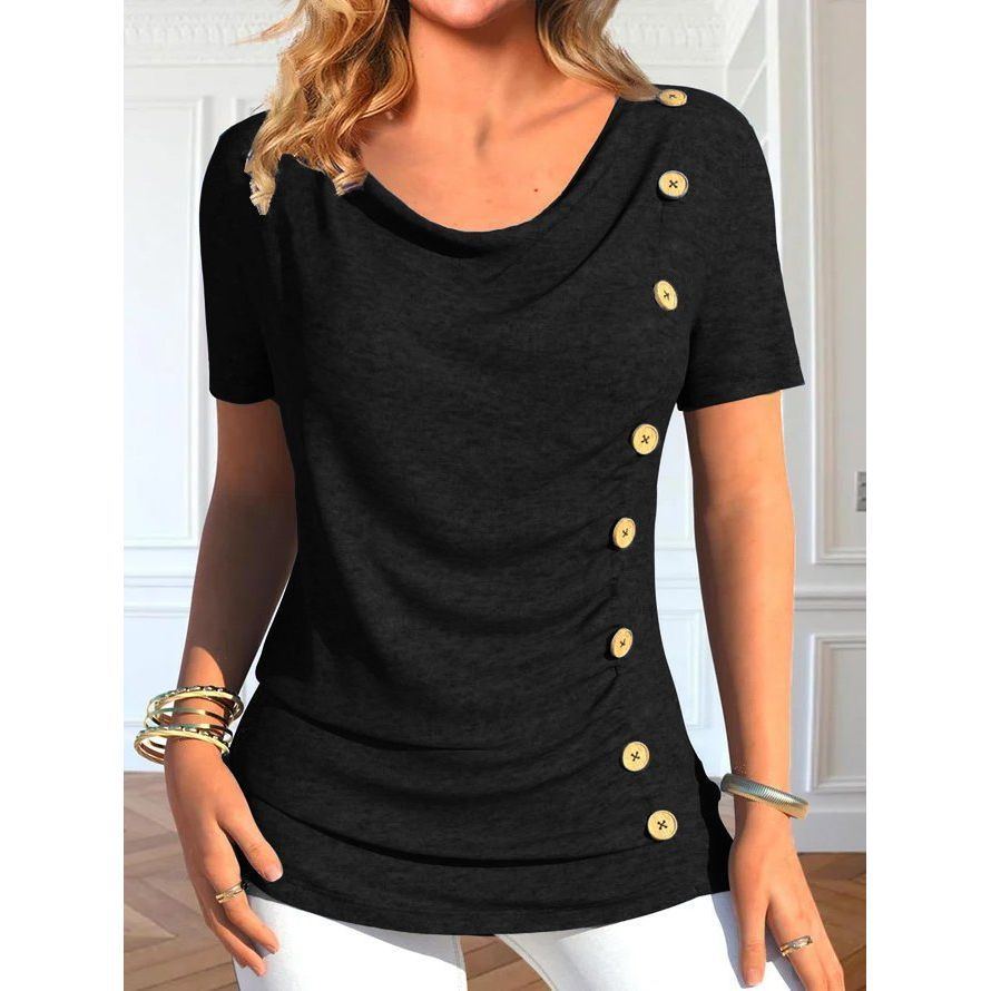 European And American Leisure Short Sleeve Button Solid Color T-shirt