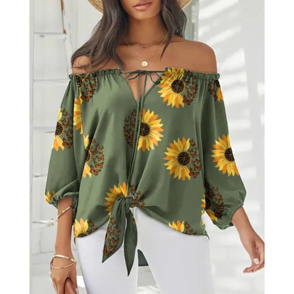 Sexy Off Shoulder Printed Chiffon Shirt Women Fashion Tied Detail Long Sleeve Pullover Tops Street Vintage Lady Blouse