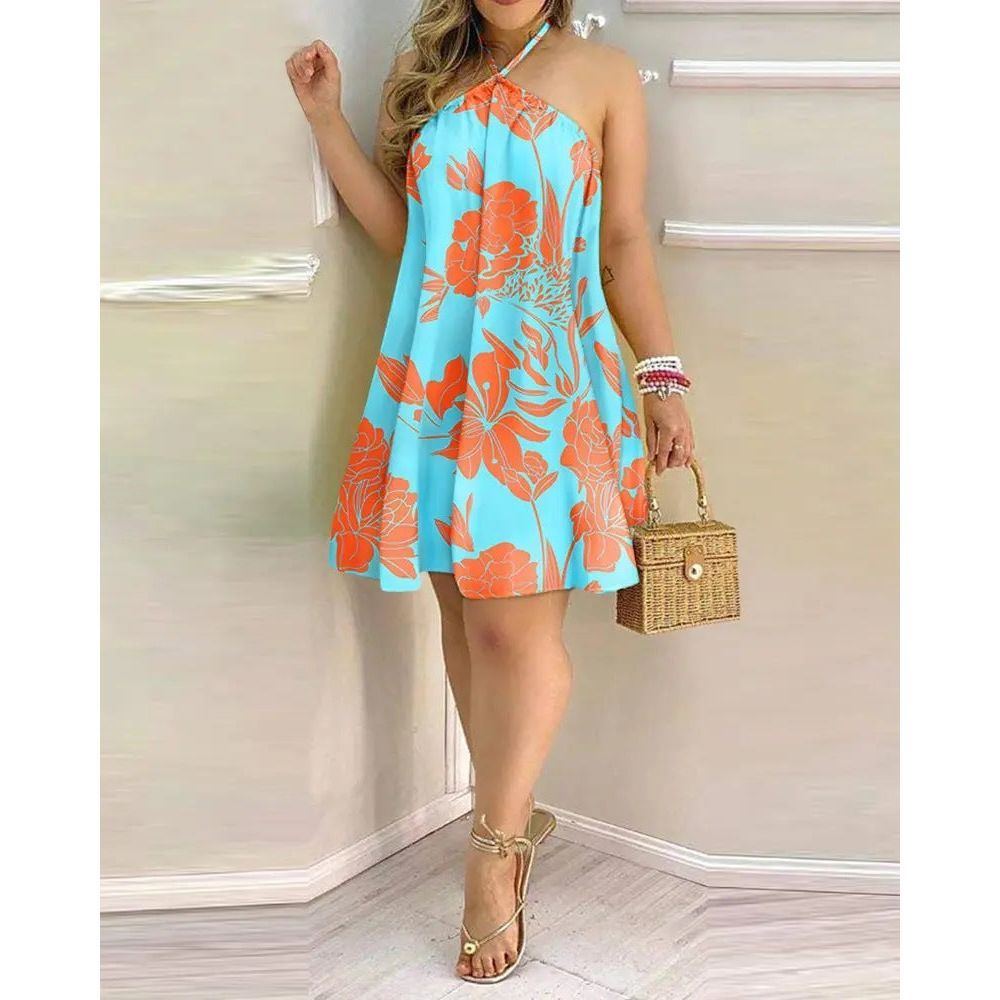 Printed Dress Summer Off-Shoulder Hanging Neck Sleeveless Sexy Dresses Women - Jointcorp