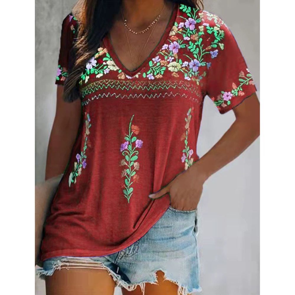 Women's Top Bohemian Printed V-neck Short-sleeved T-shirt