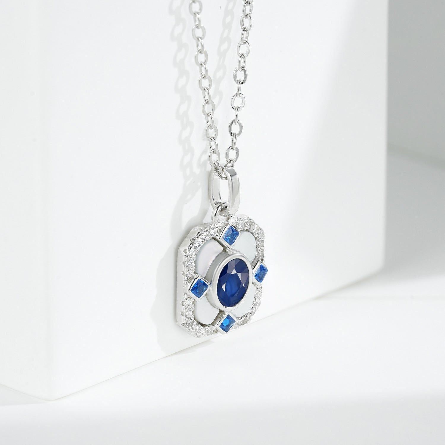 Light Luxury S925 Silver Square Pendant Necklace Natural Sapphire Inlaid - Jointcorp