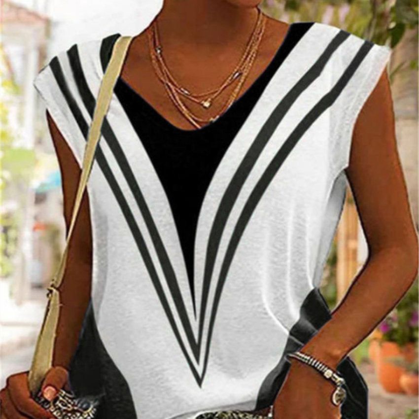 V-neck Casual Loose Striped Printed Short Sleeve T-shirt