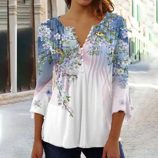 Women's Floral Printed V-neck Short Sleeve Button T-shirt