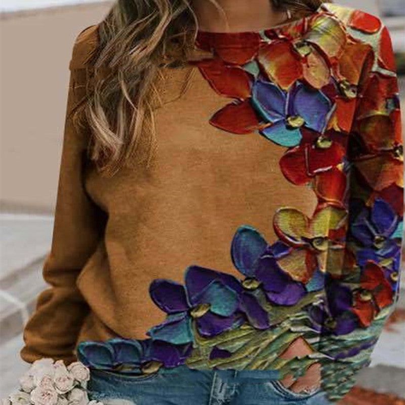 Women's Urban Casual Colorful Printed Long Sleeve Round Neck Pullover T-shirt
