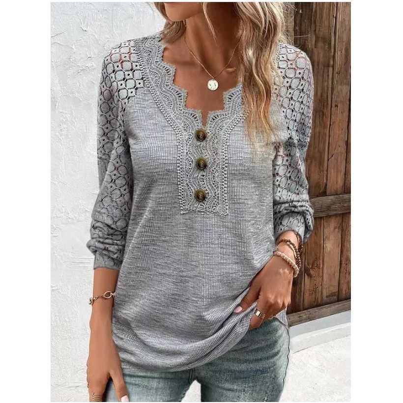 Women's Long Sleeve Shirt Leisure Pullover Slim Lace T-shirt