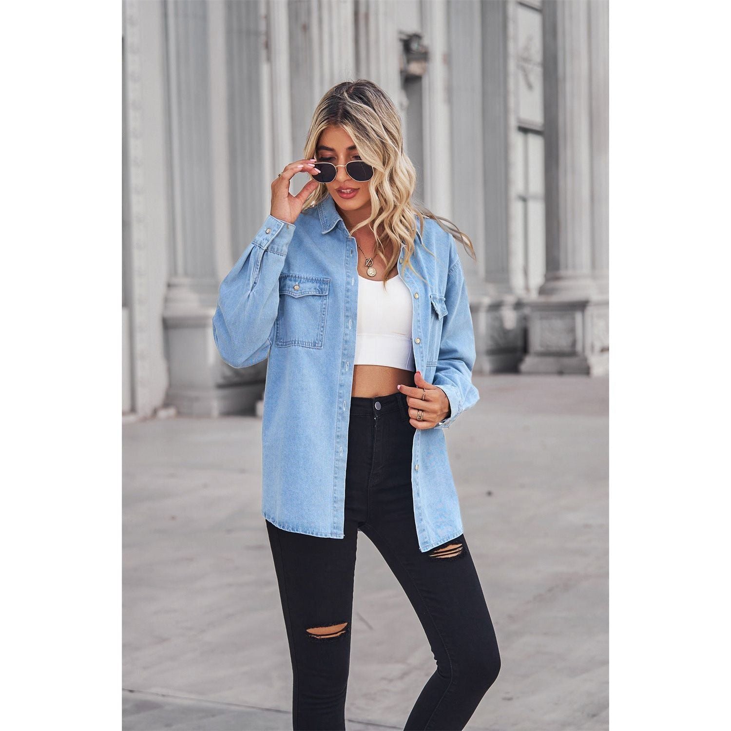 Women's Light Color Figure Flattering Thin Denim Long-sleeved Shirt - Jointcorp