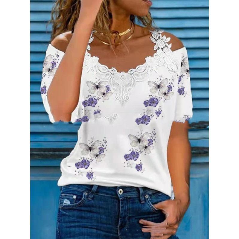 V Neck Lace Shoulder Drain Short Sleeve Casual