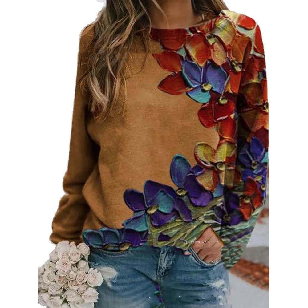 Women's Urban Casual Colorful Printed Long Sleeve Round Neck Pullover T-shirt