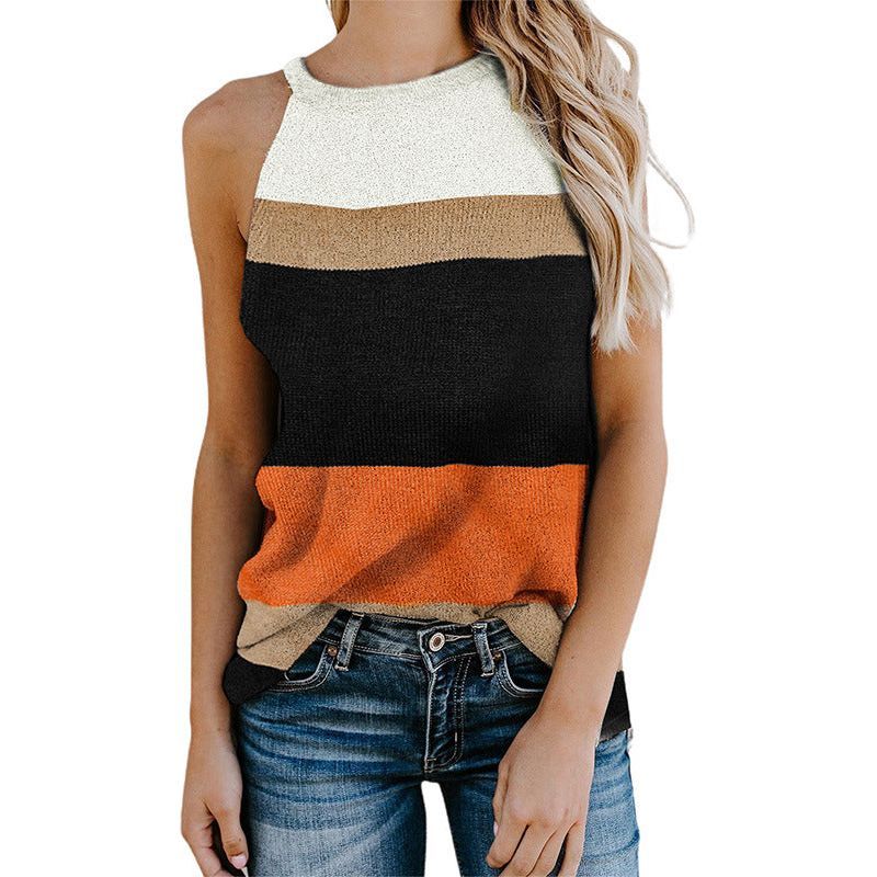 Women's Knitted Outer Vest Waist Trimming Casual Contrast Color Sleeveless - Jointcorp