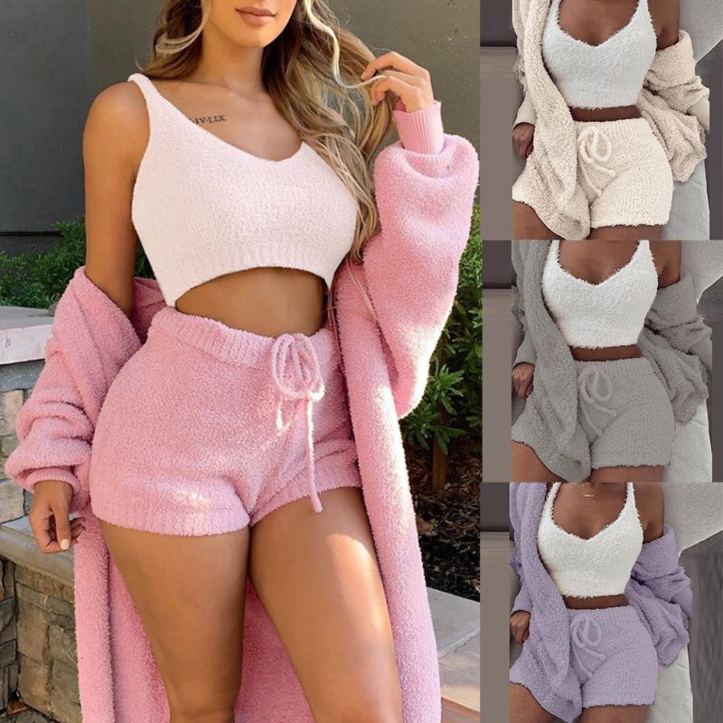 Pajamas Set Soft Warm Long Sleeve Exposed Navel Vest Shorts Set - Jointcorp