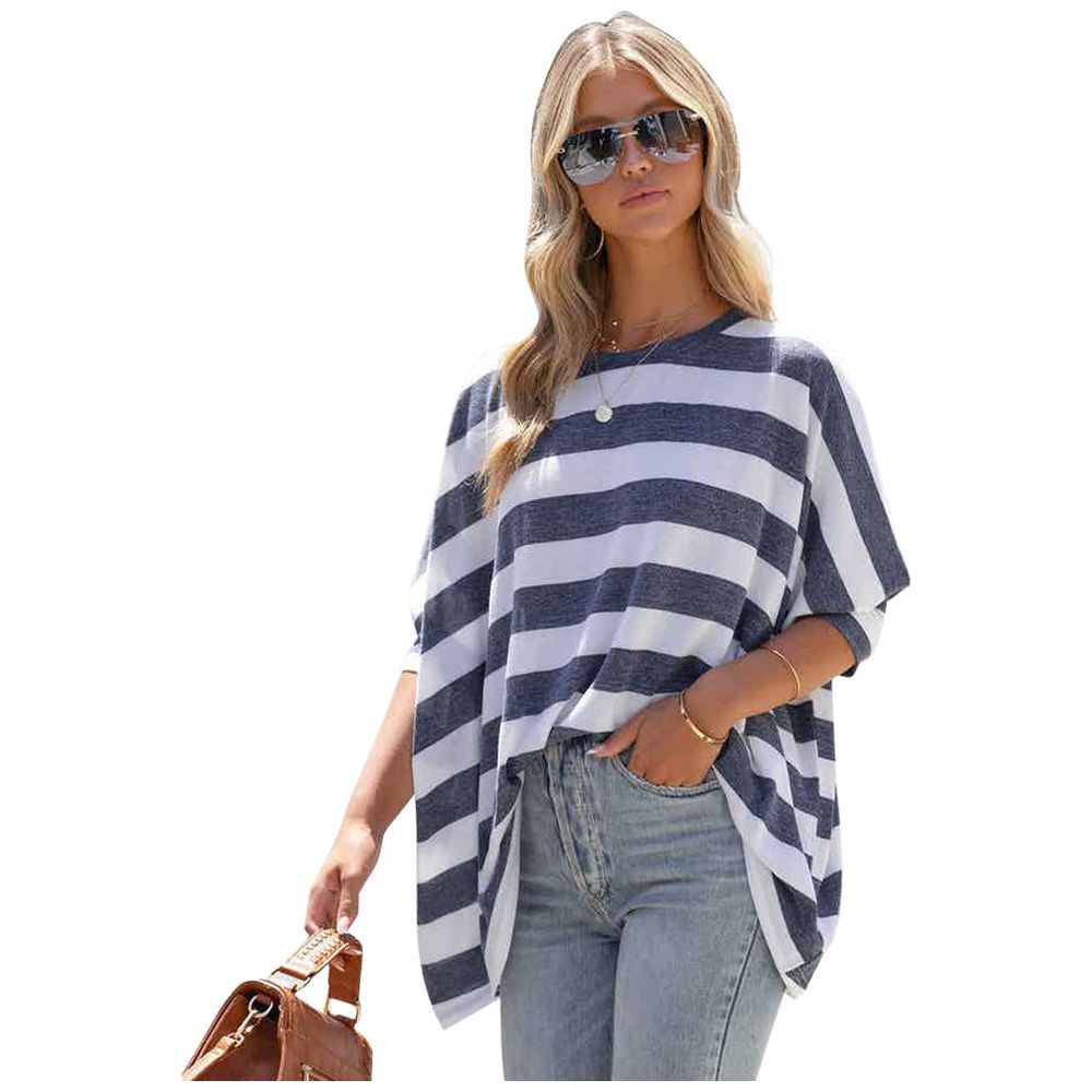 Women's Striped Print Doll Sleeve Loose Casual Top - Jointcorp