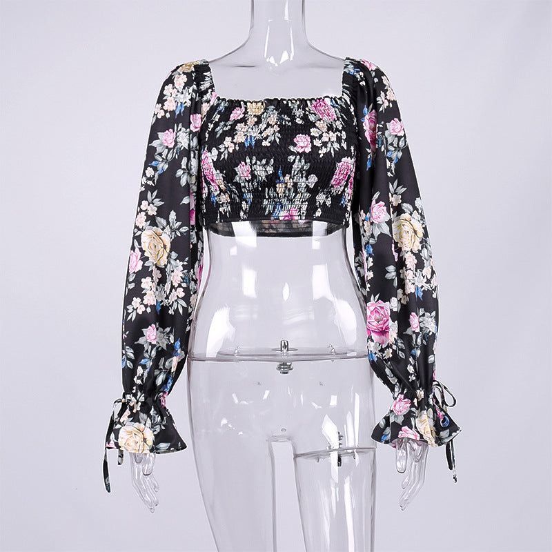 Women's Floral Flared Sleeve Tie Pleated Cropped Crop Top - Jointcorp