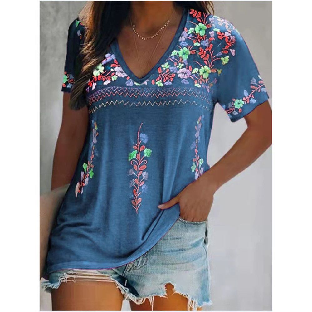 Women's Top Bohemian Printed V-neck Short-sleeved T-shirt