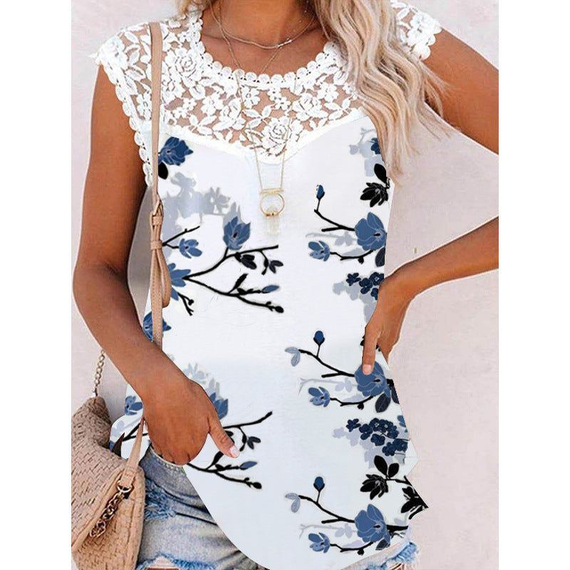 Summer Print Crew Neck Lace Trim Casual Loose Women's Tank Top