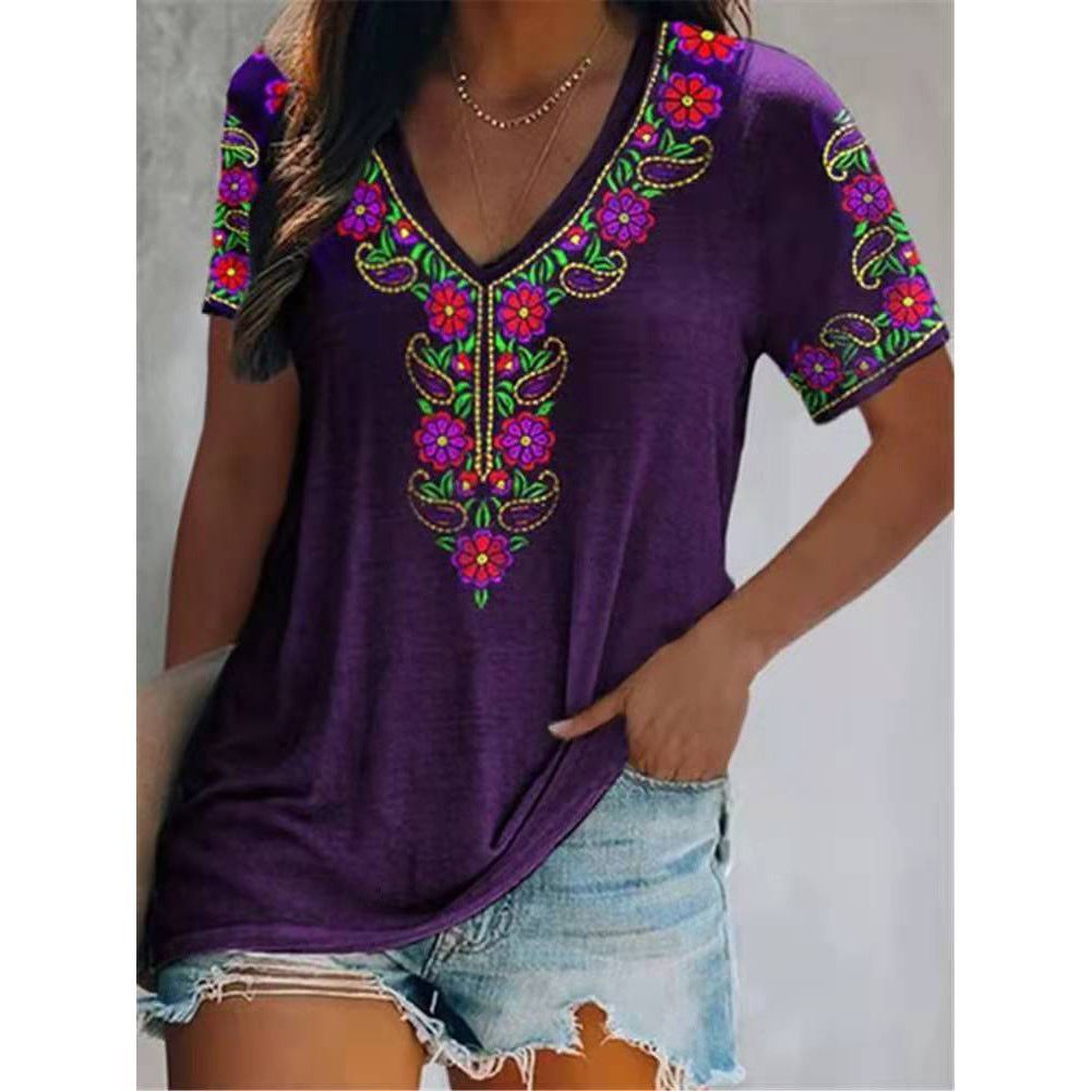 Women's Top Bohemian Printed V-neck Short-sleeved T-shirt