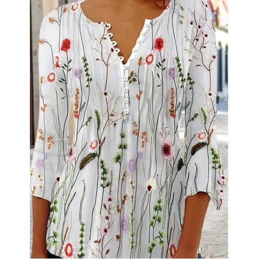 Women's Floral Printed V-neck Short Sleeve Button T-shirt