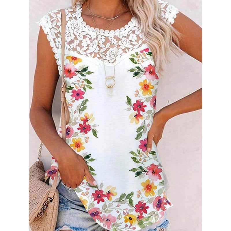 Summer Print Crew Neck Lace Trim Casual Loose Women's Tank Top