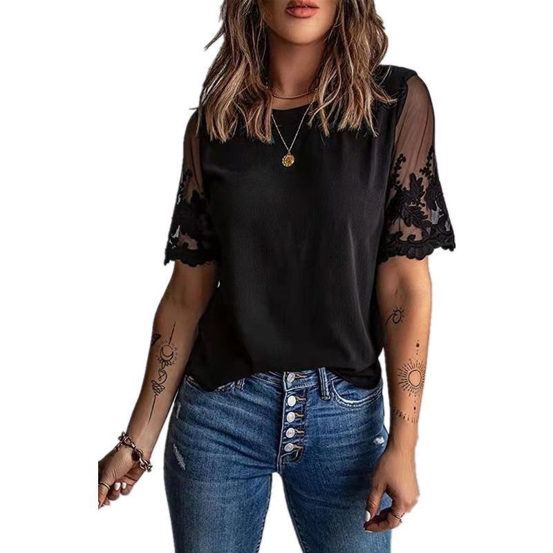 Women's Round Neck Short Sleeve Top Lace Chiffon Shirt