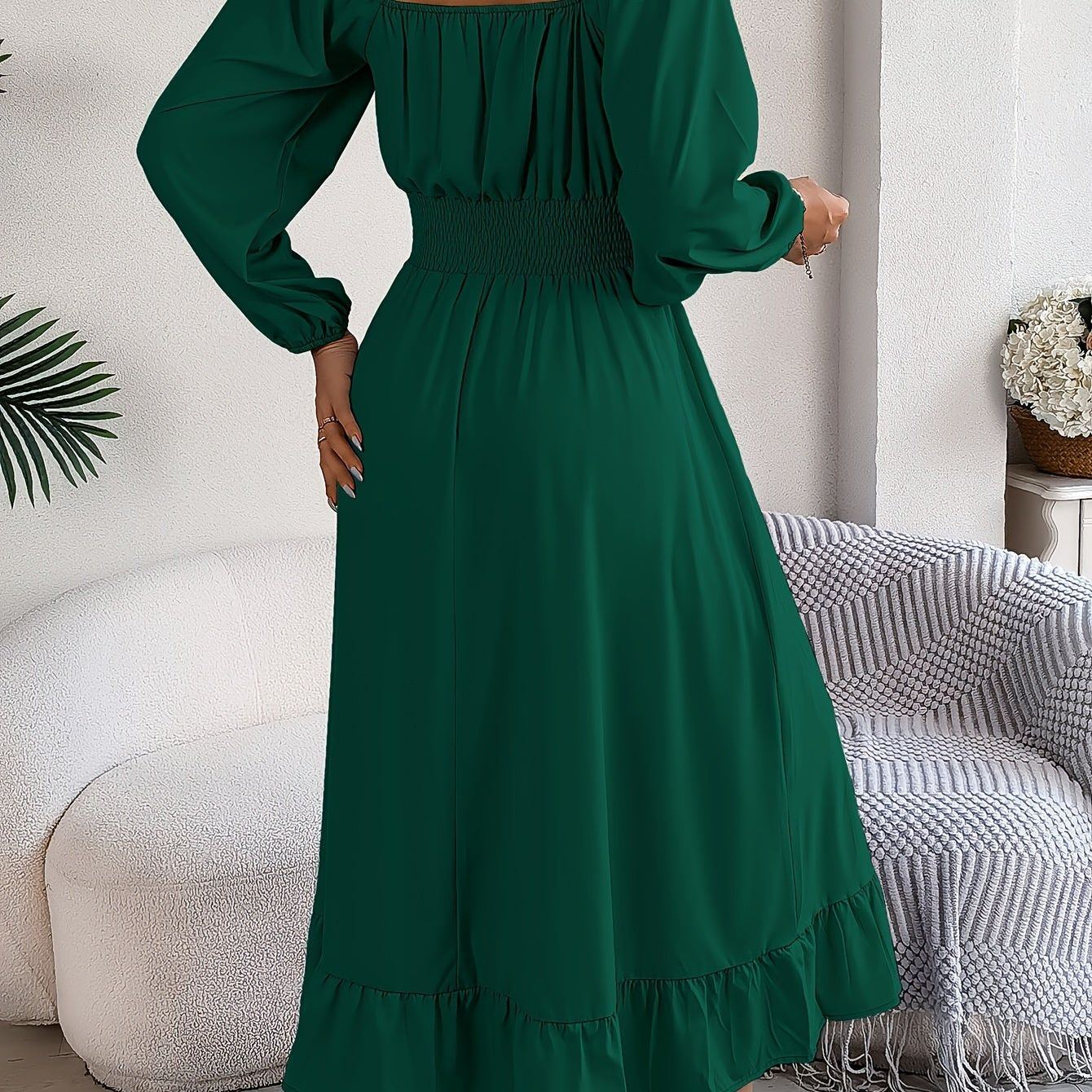 Ruffle Hem Square Neck Dress, Elegant Shirred Waist Long Sleeve Dress For Spring & Summer, Women's Clothing Wedding graduation engagement occasion ceremony party holiday vacation birthday