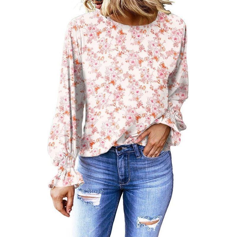 Women's Floral Round Neck Shirt Women's Lantern Sleeve Shirt - Jointcorp