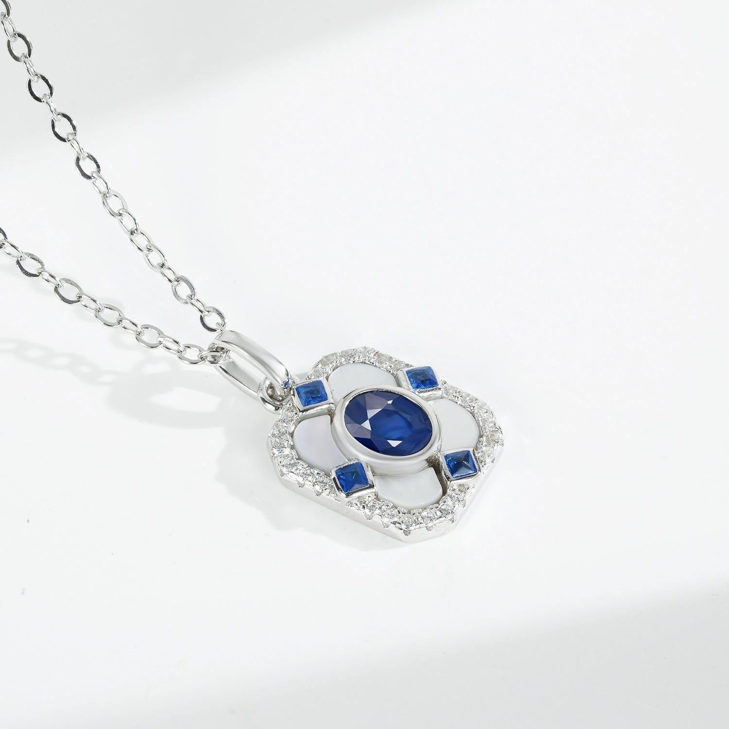 Light Luxury S925 Silver Square Pendant Necklace Natural Sapphire Inlaid - Jointcorp