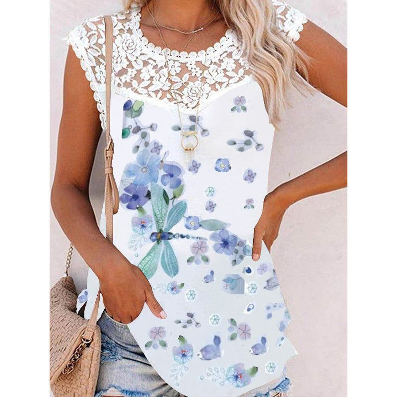 Summer Print Crew Neck Lace Trim Casual Loose Women's Tank Top