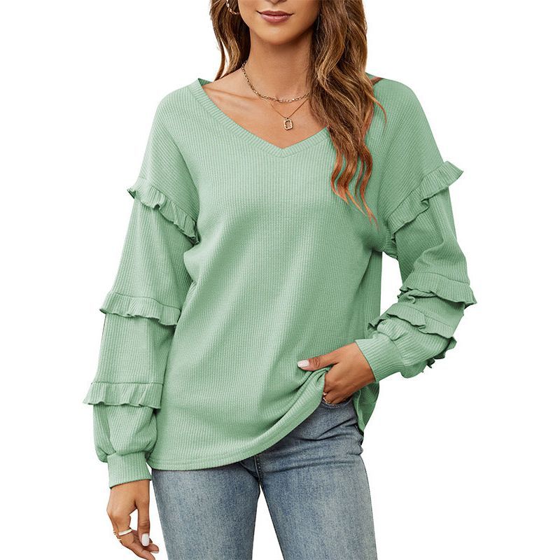 Women's Top Autumn And Winter New Women's Waffle V-neck Flounce Top