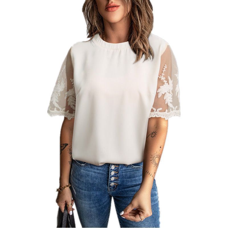 Women's Round Neck Short Sleeve Top Lace Chiffon Shirt