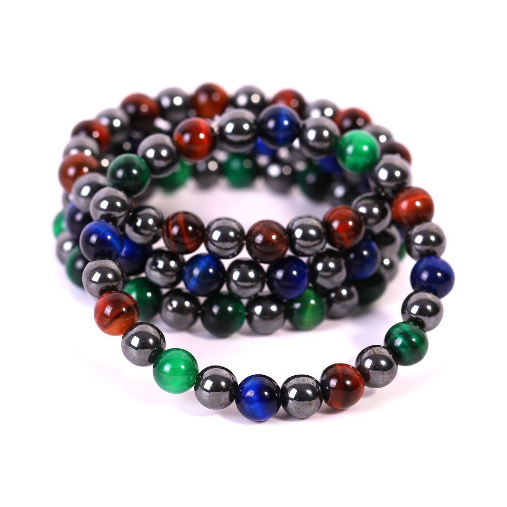 Black Magnet Bright Stone Tricolor Red Green Blue Tigereye Beaded Bracelet - Jointcorp