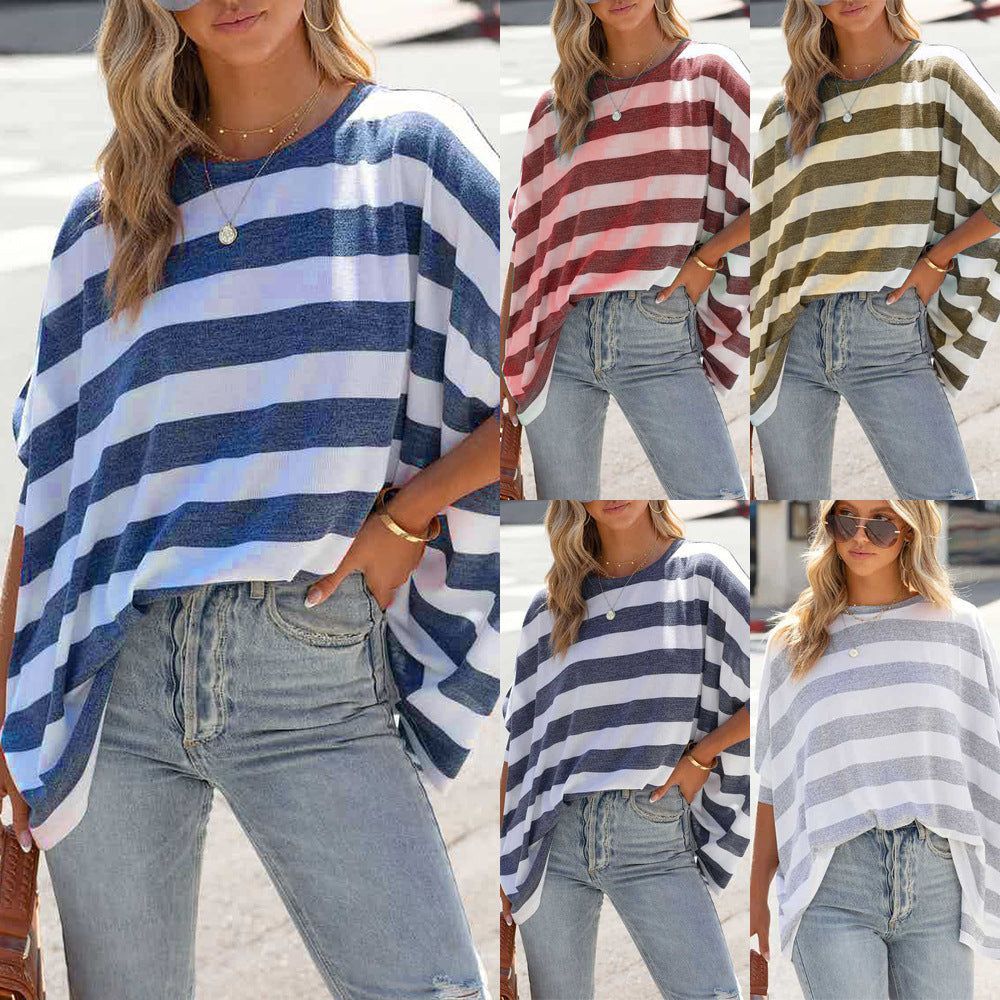 Women's Striped Print Doll Sleeve Loose Casual Top - Jointcorp