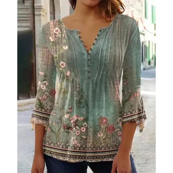 Women's Floral Printed V-neck Short Sleeve Button T-shirt