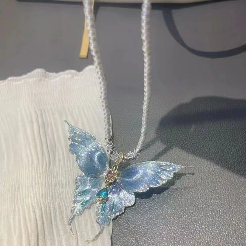 Imitation Pearl Colorful Blue Pendant Butterfly Clavicle Chain - Jointcorp