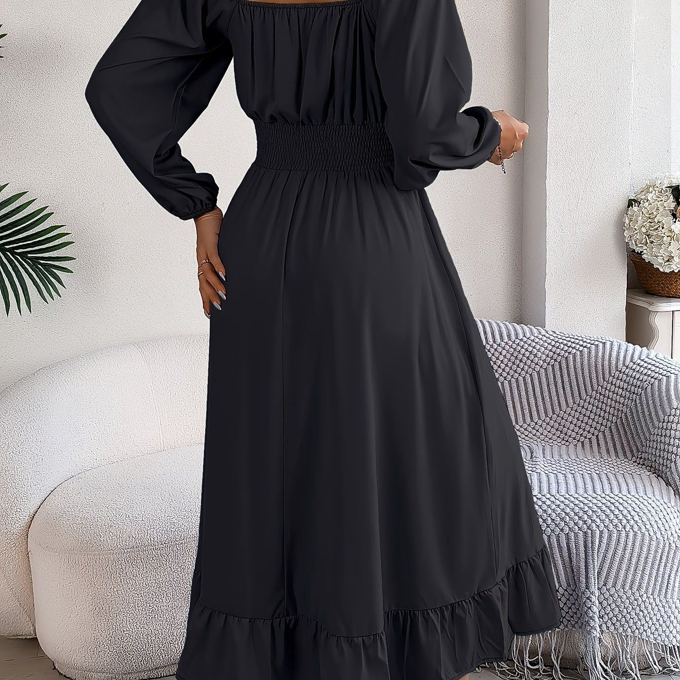 Ruffle Hem Square Neck Dress, Elegant Shirred Waist Long Sleeve Dress For Spring & Summer, Women's Clothing Wedding graduation engagement occasion ceremony party holiday vacation birthday