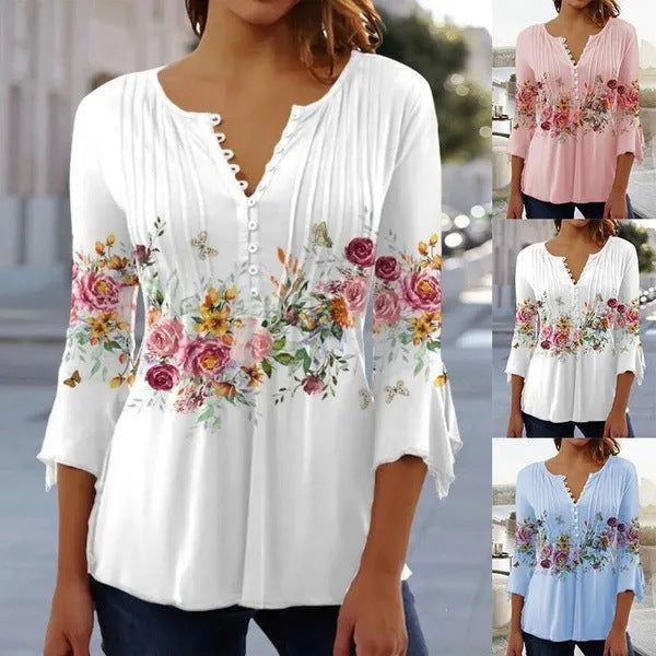 Women's Floral Printed V-neck Short Sleeve Button T-shirt