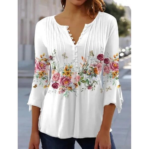 Women's Floral Printed V-neck Short Sleeve Button T-shirt