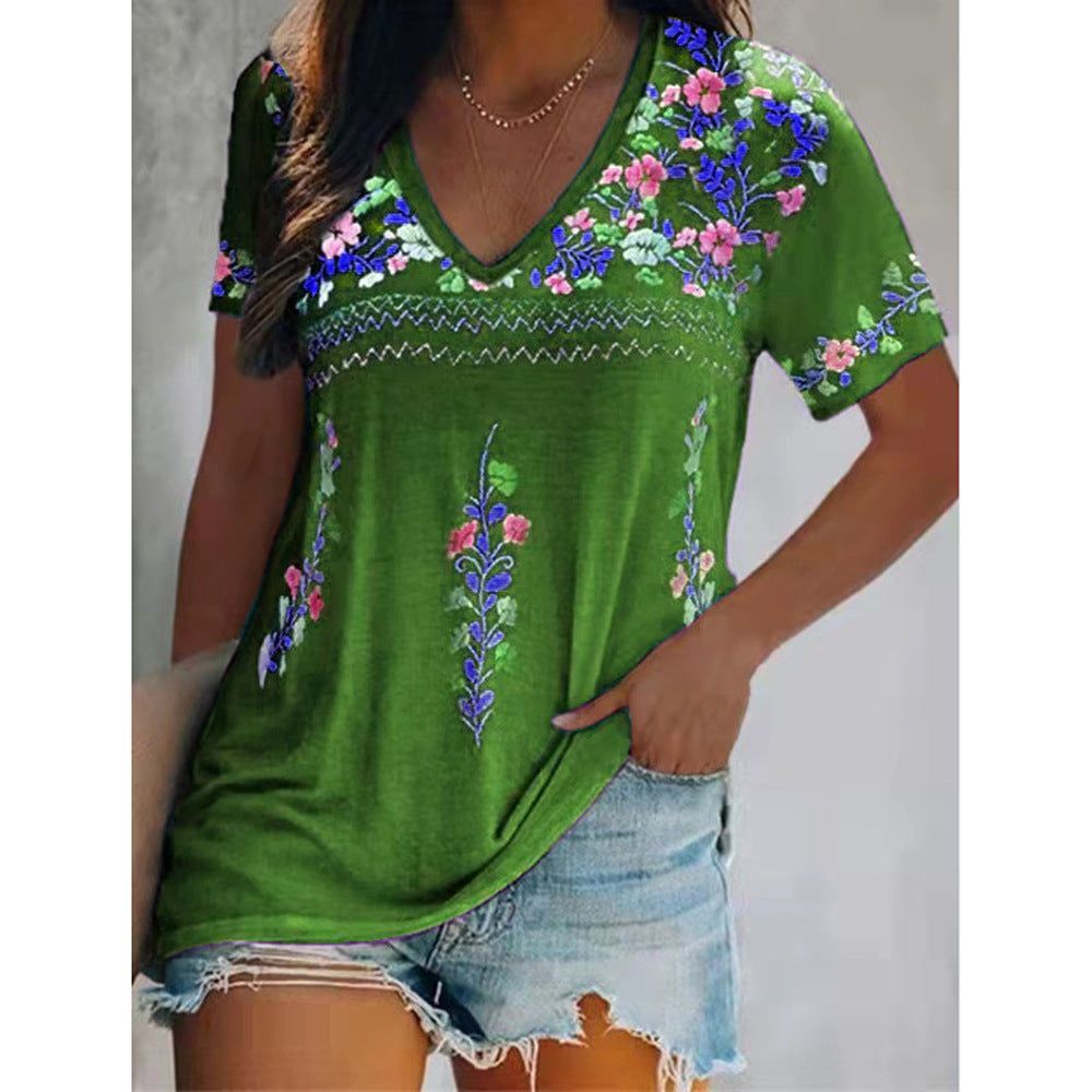 Women's Top Bohemian Printed V-neck Short-sleeved T-shirt