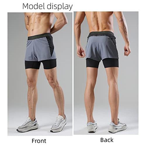 HONPOLO Men Activewear Shorts Outdoor Sports Shorts Quick-Drying Sports Fake 2-Piece Lined Swimming Trunks Sweat-Absorbing Soft Breathable Phone Pocket Night Vision Reflective